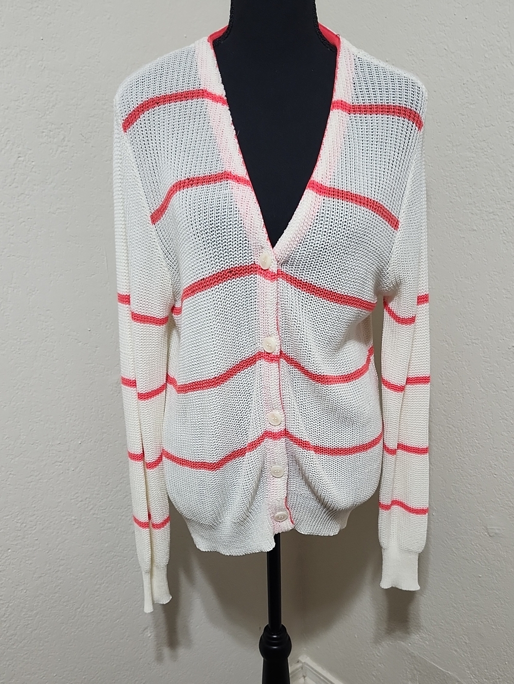 POL Open Knit V-Neck Striped Cardigan White Red Size Medium EUC